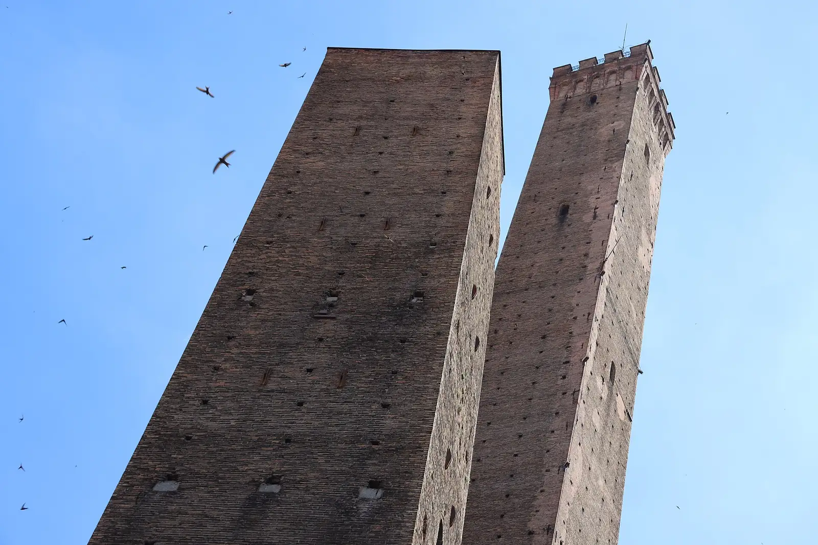 The Two Towers of Bologna rising over terracotta roofs seen from the porticoed streets — the skyline of a bologna day trip from padua